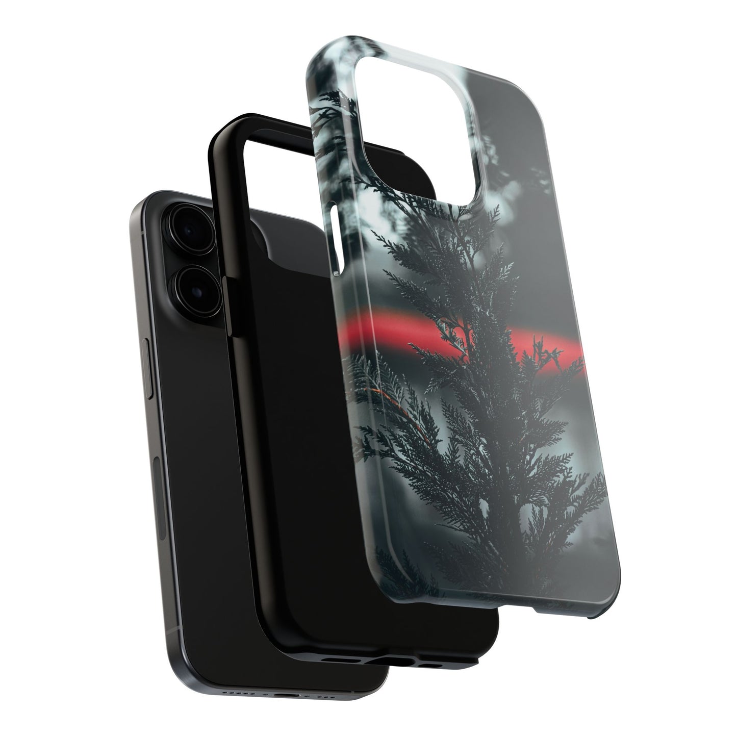 Dark Pine Silhouette Tough Phone Case — Moody Forest with Red Horizon