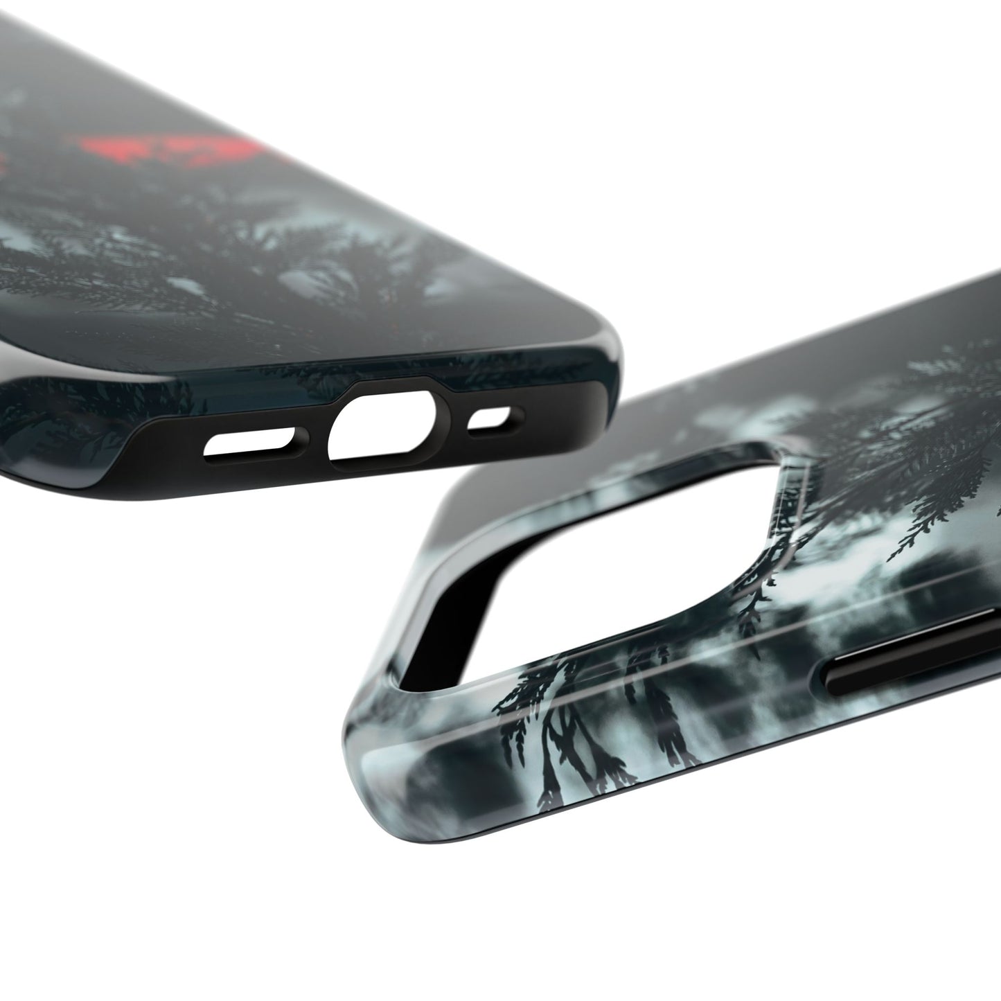 Dark Pine Silhouette Tough Phone Case — Moody Forest with Red Horizon
