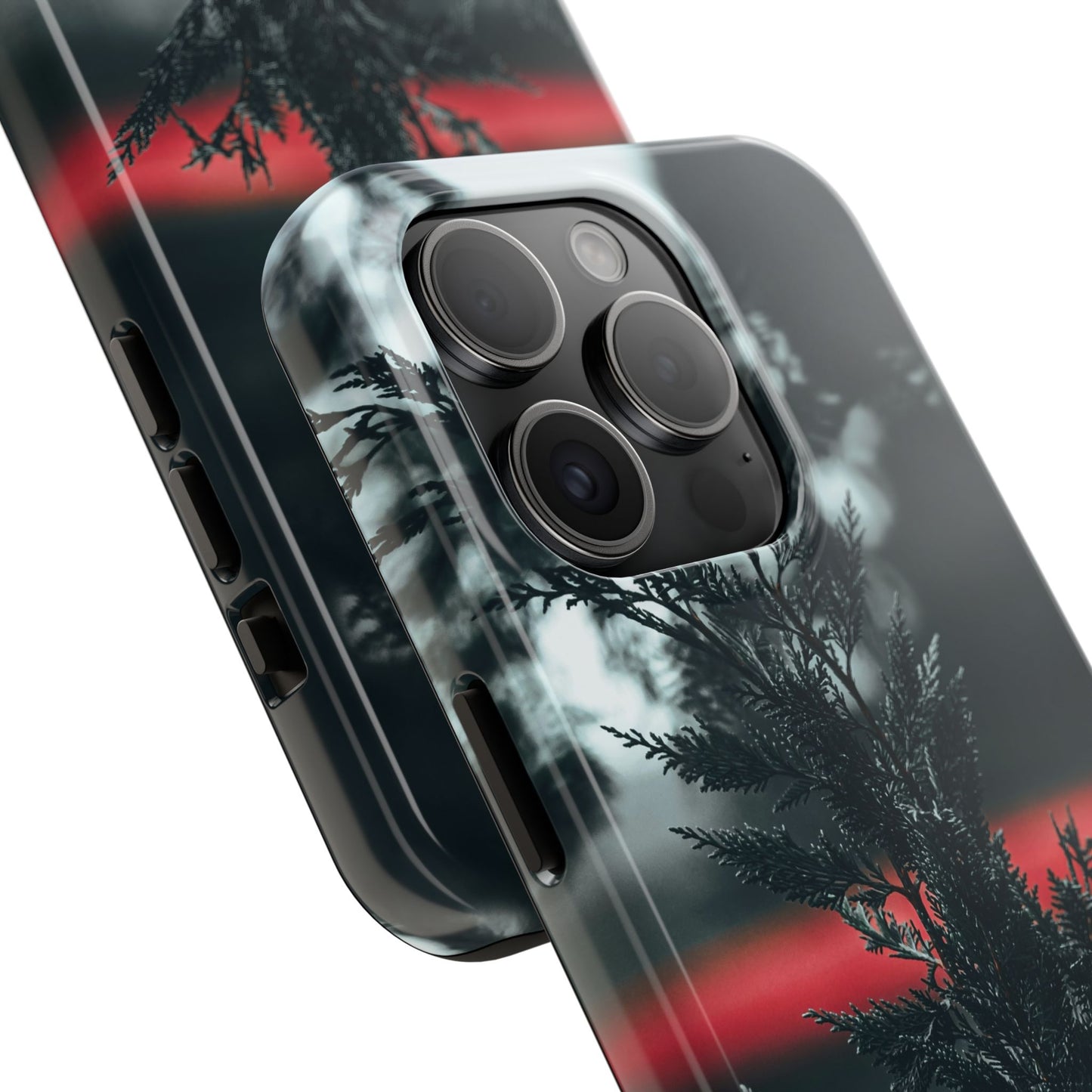 Dark Pine Silhouette Tough Phone Case — Moody Forest with Red Horizon