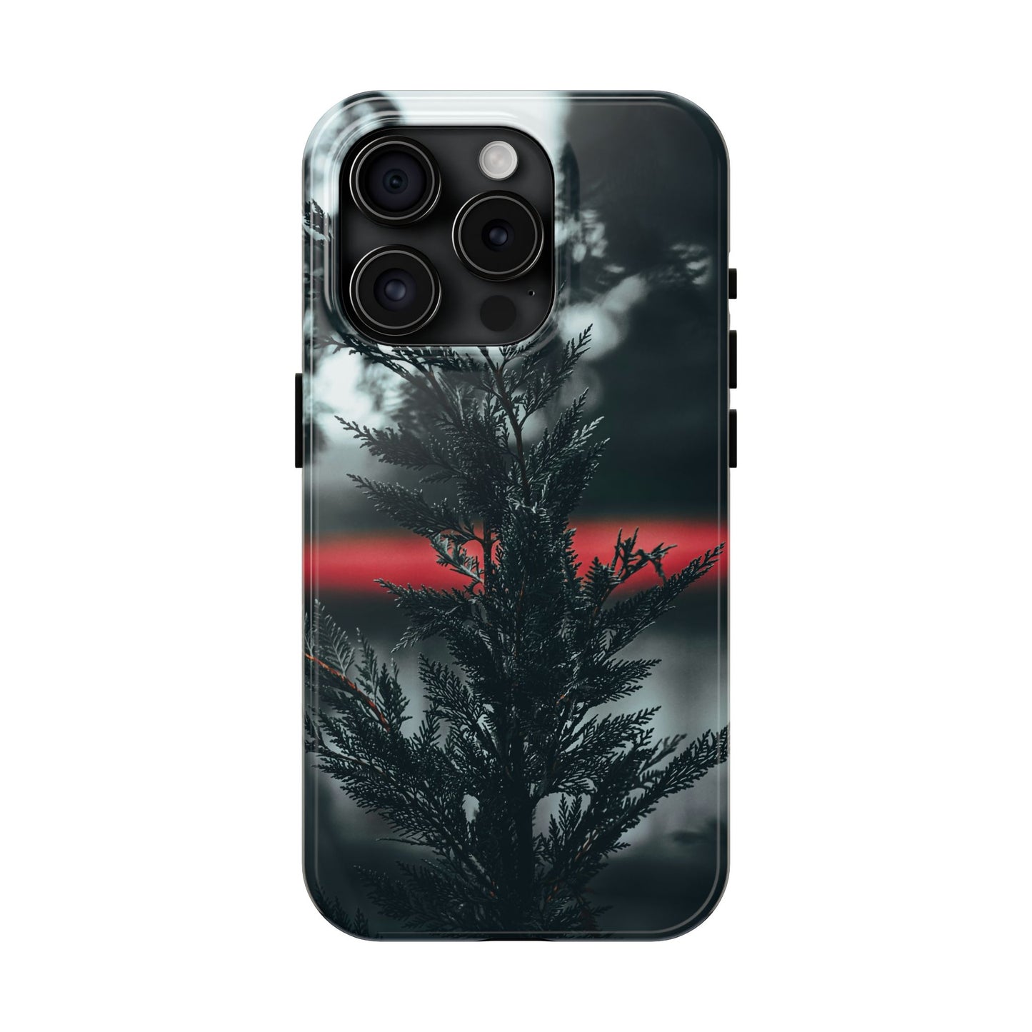 Dark Pine Silhouette Tough Phone Case — Moody Forest with Red Horizon