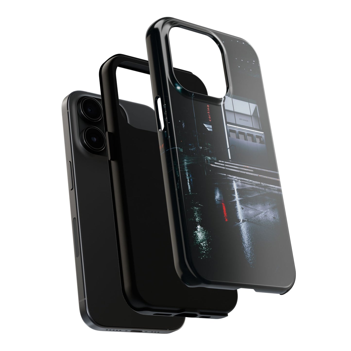 Urban Nightscape Tough Phone Case — Rainy City Reflection Protective Cover