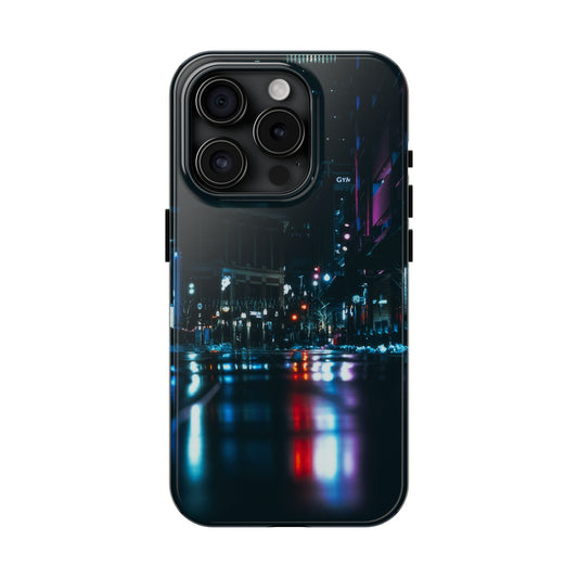 City Nights Tough Phone Case — Neon Rain Urban Skyline Phone Cover